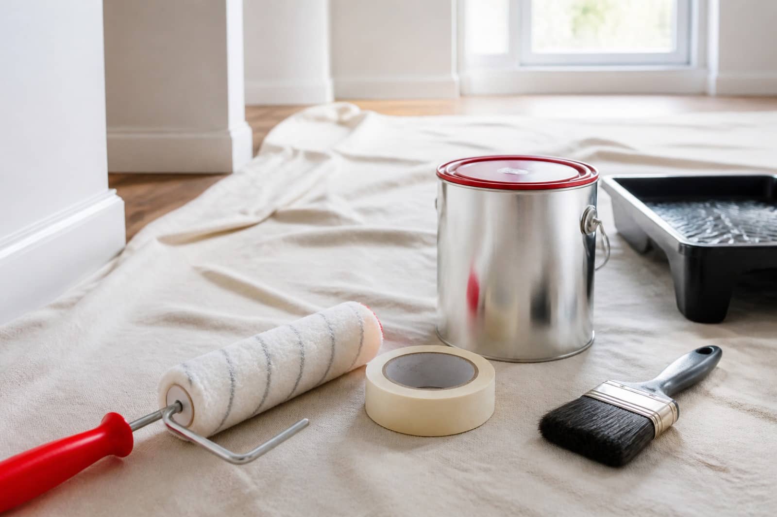 Roller with a red handle, paint tin, tape and brush laid out on a drop cloth ready for painting
