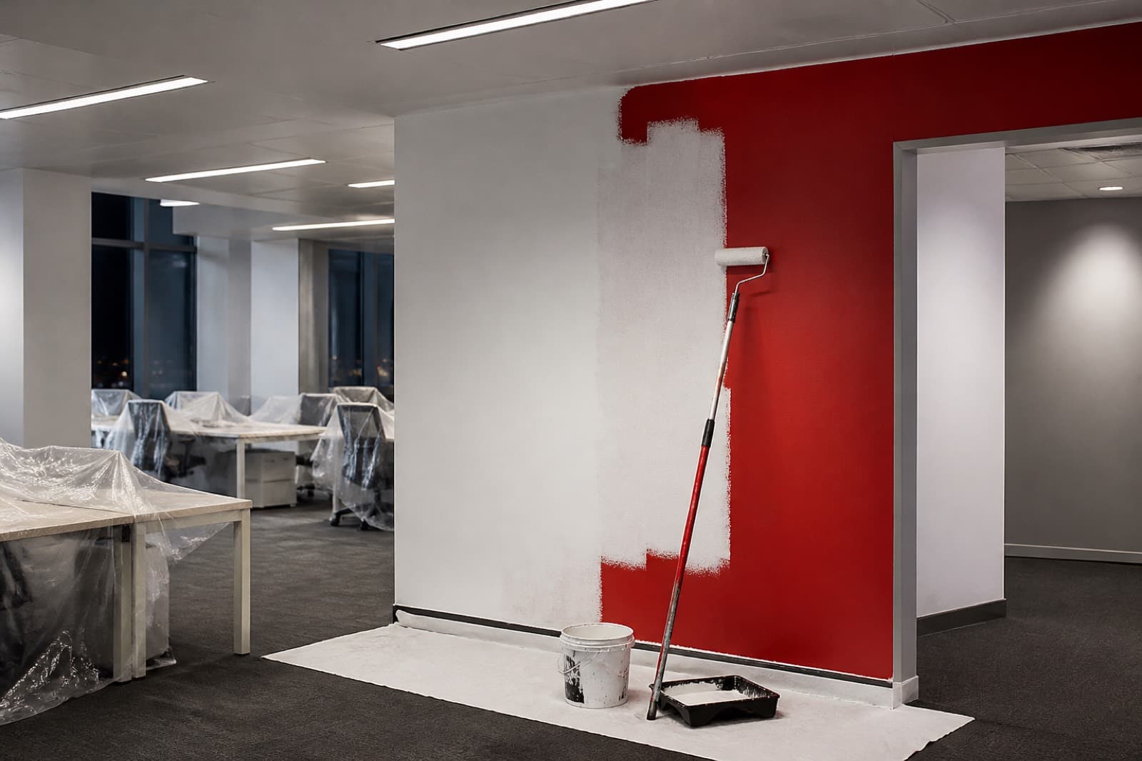 Office Painting Services in Dubai: Open-plan office with desks covered and a red feature wall being painted with a roller