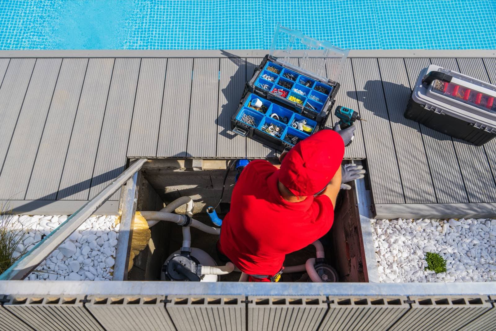 Pool Pump and Filter Maintenance in Dubai: Technician in red servicing the pump pit beside a swimming pool