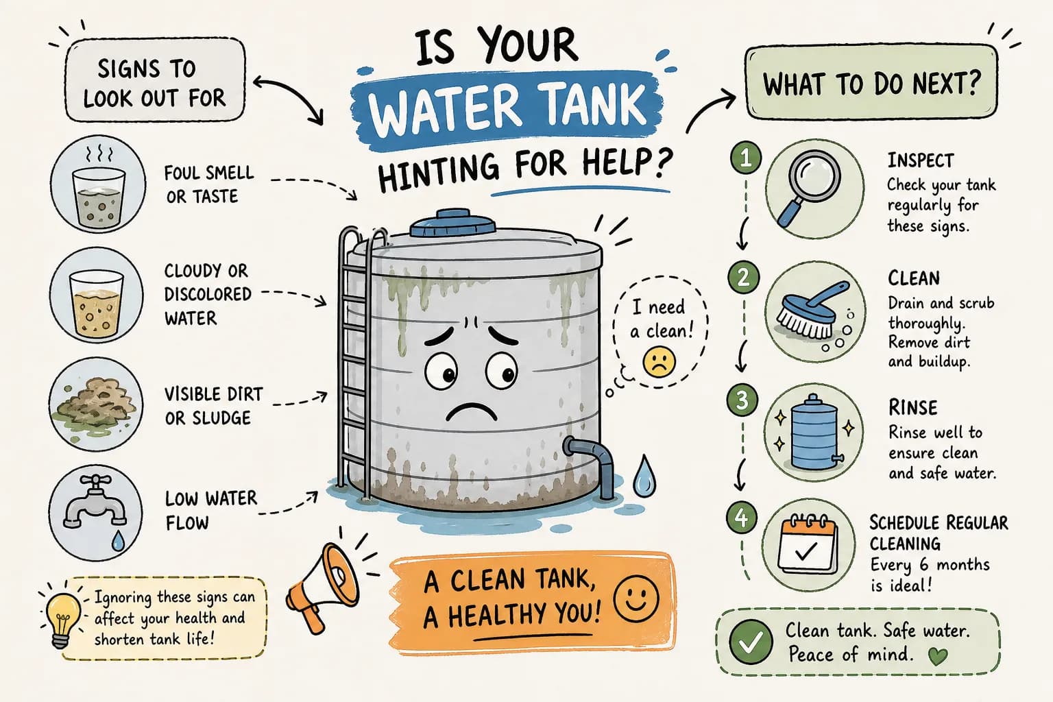 Infographic: signs your water tank needs cleaning (foul smell or taste, cloudy or discoloured water, visible dirt or sludge, low water flow) and what to do next: inspect, clean, rinse and schedule regular cleaning every 6 months