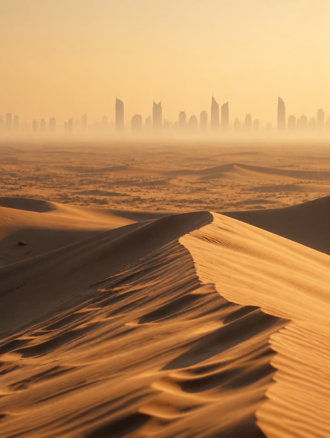 كثبان صحراء دبي وخلفها أفق المدينة