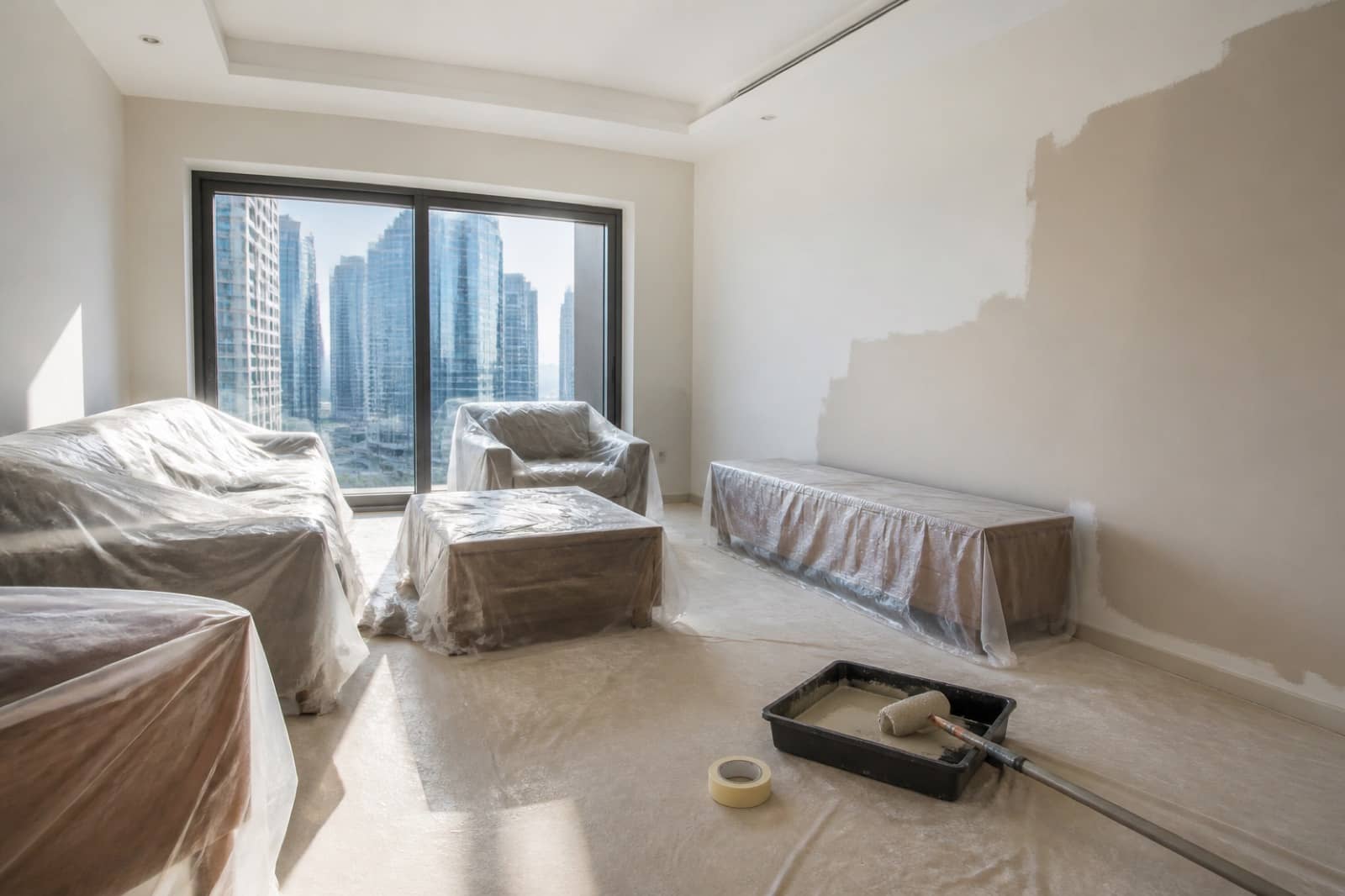 Dubai apartment living room with furniture covered and one wall half painted during a repaint