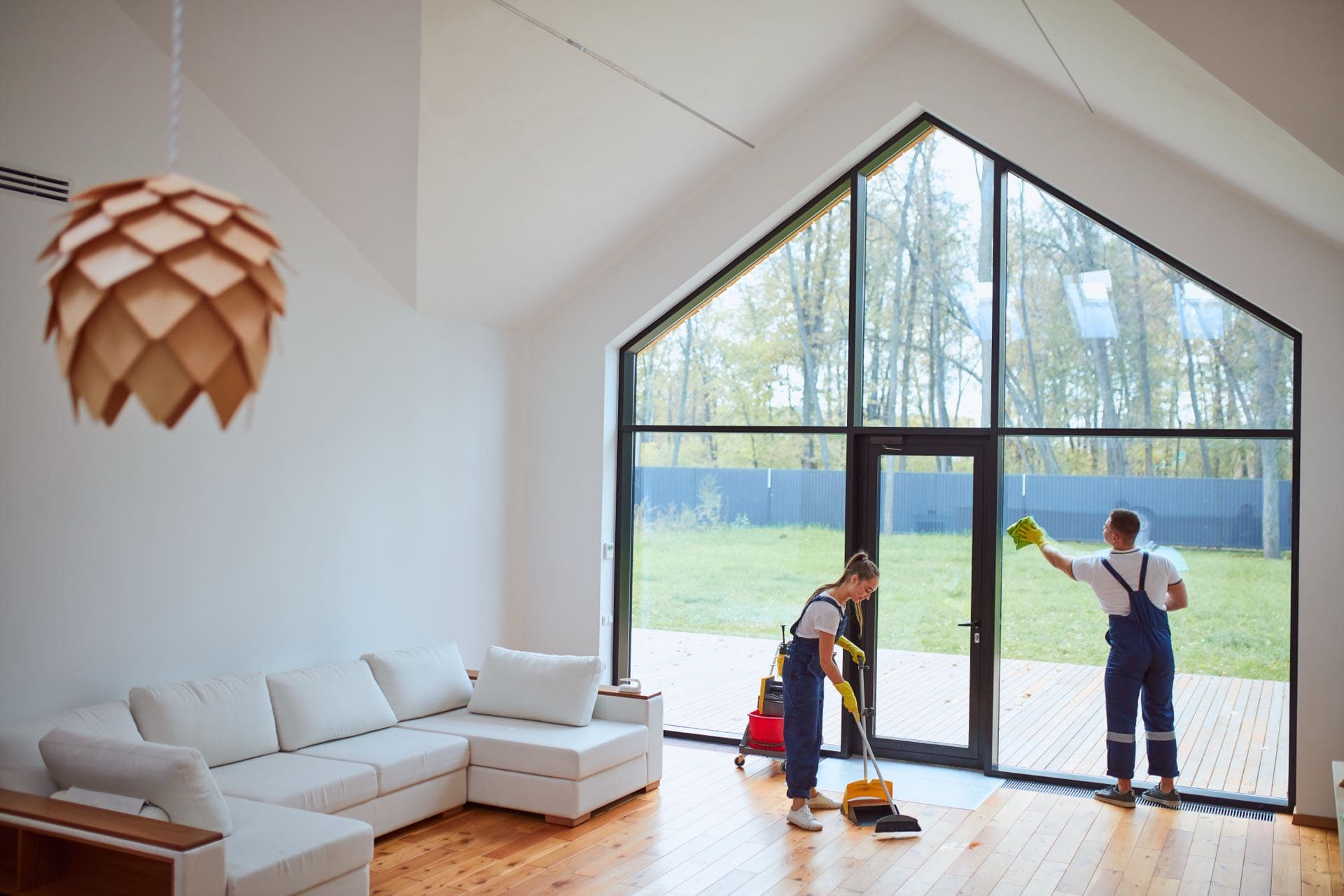 Move-In and Move-Out Cleaning in Dubai: Two cleaners sweeping and wiping windows in an empty living room