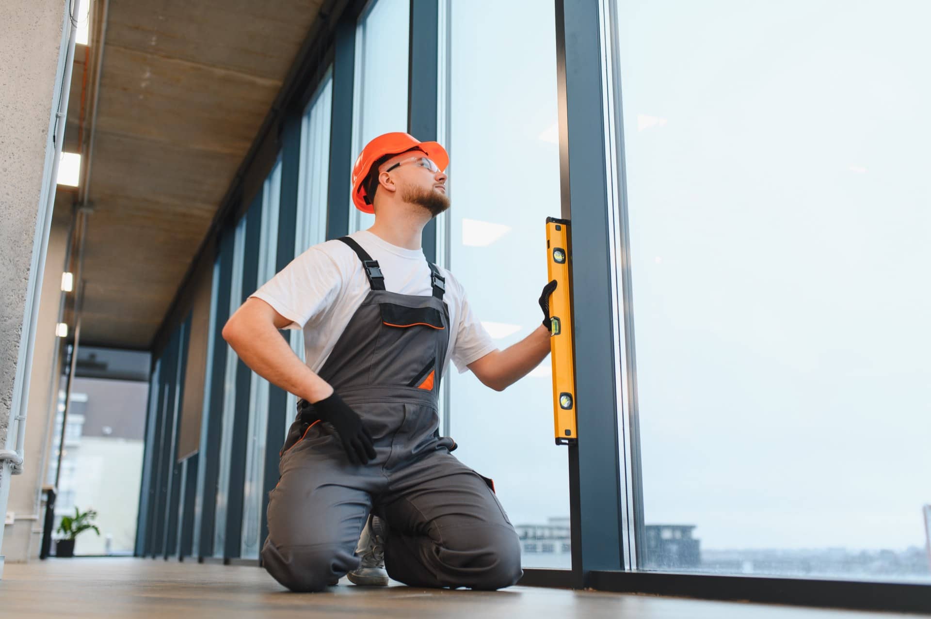 Fit-out worker in a hard hat checking a wall with a spirit level in a Dubai building
